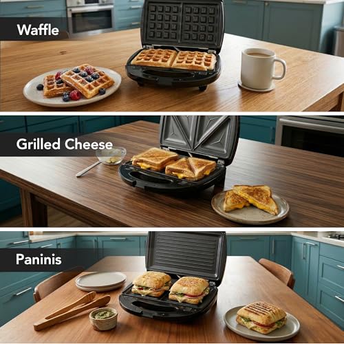 OVENTE 3 in 1 Electric Sandwich Maker, Panini Press Grill and Waffle Iron Set with Removable Non-Stick Plates, Perfect for Cooking Grilled Cheese, Tuna Melts, Burgers, Steaks and Snacks, Black GPI302B - My Kitchen Products