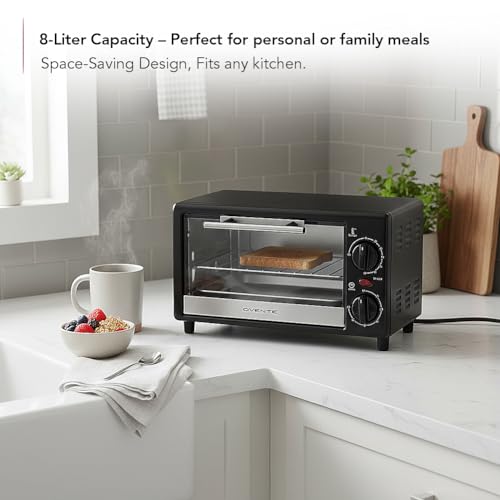 OVENTE 8L Countertop Toaster Oven with 60-Minute Timer, Adjustable Temperature Control, Easy-to-Clean Baking Pan, 750W Compact Mini for Pizza, Toast, Bake, and Broil, Black TO2808B - My Kitchen Products