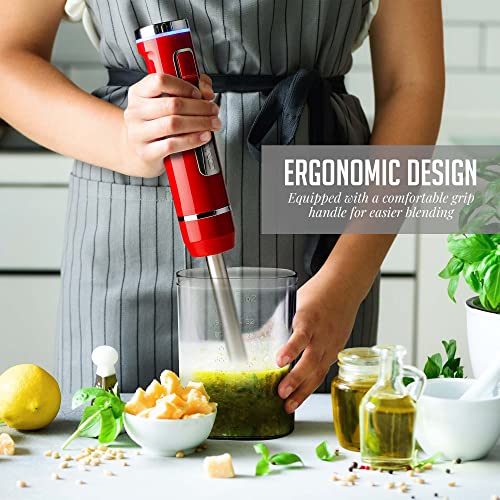OVENTE Cordless Immersion Hand Blender, Rechargeable Handheld Portable Stick Mixer with 8 Mixing Speed Option, One-Touch Control and Stainless Steel Blades for Smoothies, Shakes or Soups, Red HR781R - My Kitchen Products
