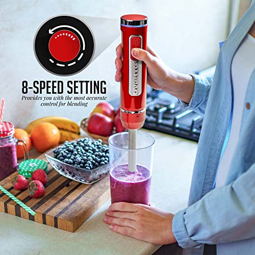 OVENTE Cordless Immersion Hand Blender, Rechargeable Handheld Portable Stick Mixer with 8 Mixing Speed Option, One-Touch Control and Stainless Steel Blades for Smoothies, Shakes or Soups, Red HR781R - My Kitchen Products