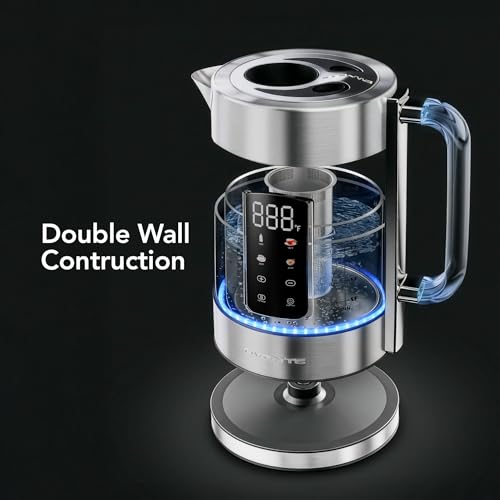 OVENTE Digital Glass Electric Tea Kettle 1.7L with Color-Changing LED Lights Temperature Control, Double-Wall Cool Touch, 4 Presets, Keep Warm, Tea Infuser & Boil-Dry Protection, Silver KGD913S - My Kitchen Products