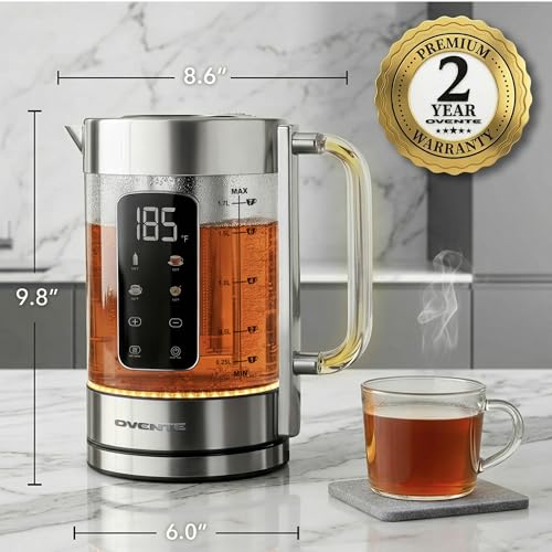 OVENTE Digital Glass Electric Tea Kettle 1.7L with Color-Changing LED Lights Temperature Control, Double-Wall Cool Touch, 4 Presets, Keep Warm, Tea Infuser & Boil-Dry Protection, Silver KGD913S - My Kitchen Products