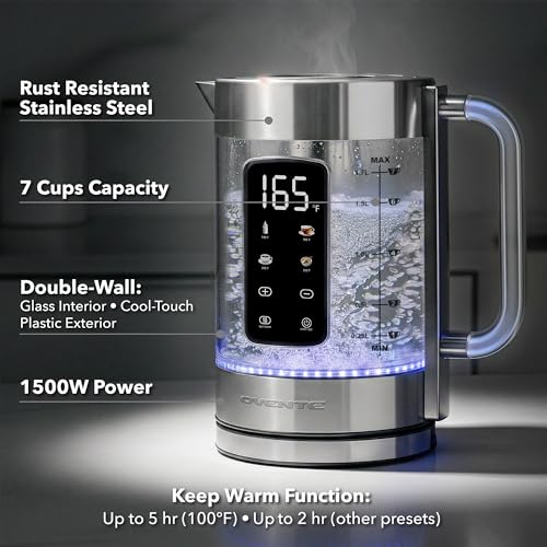 OVENTE Digital Glass Electric Tea Kettle 1.7L with Color-Changing LED Lights Temperature Control, Double-Wall Cool Touch, 4 Presets, Keep Warm, Tea Infuser & Boil-Dry Protection, Silver KGD913S - My Kitchen Products