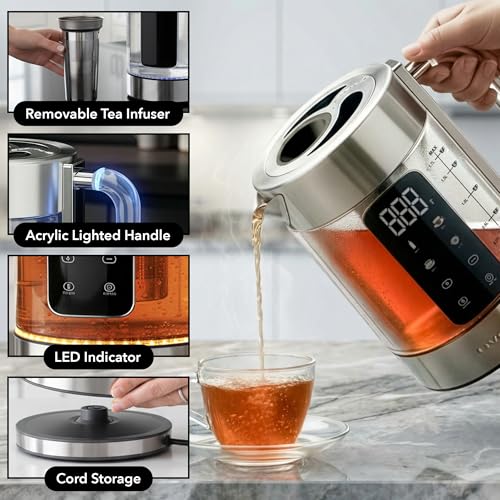 OVENTE Digital Glass Electric Tea Kettle 1.7L with Color-Changing LED Lights Temperature Control, Double-Wall Cool Touch, 4 Presets, Keep Warm, Tea Infuser & Boil-Dry Protection, Silver KGD913S - My Kitchen Products