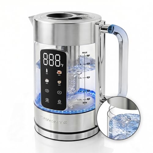 OVENTE Digital Glass Electric Tea Kettle 1.7L with Color-Changing LED Lights Temperature Control, Double-Wall Cool Touch, 4 Presets, Keep Warm, Tea Infuser & Boil-Dry Protection, Silver KGD913S - My Kitchen Products