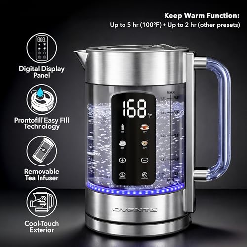 OVENTE Digital Glass Electric Tea Kettle 1.7L with Color-Changing LED Lights Temperature Control, Double-Wall Cool Touch, 4 Presets, Keep Warm, Tea Infuser & Boil-Dry Protection, Silver KGD913S - My Kitchen Products