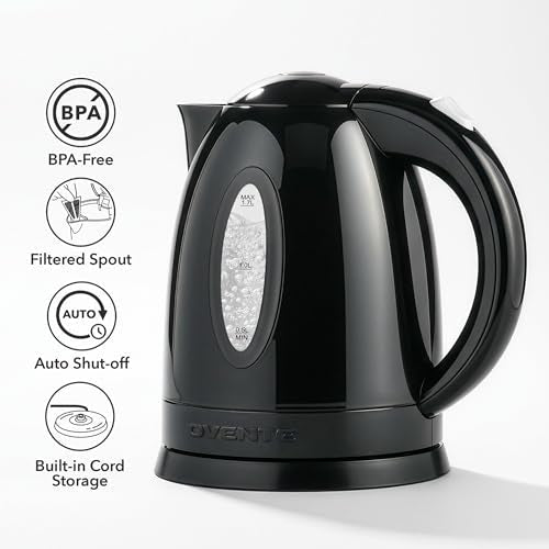 OVENTE Electric Kettle, 1.7L Fast Boiling Water Heater for Coffee or Tea, BPA Free with Water Level Gauge, Auto Shut-Off, Boil-Dry Protection, Indicator Light and Removable Filter, Black KP72B - My Kitchen Products