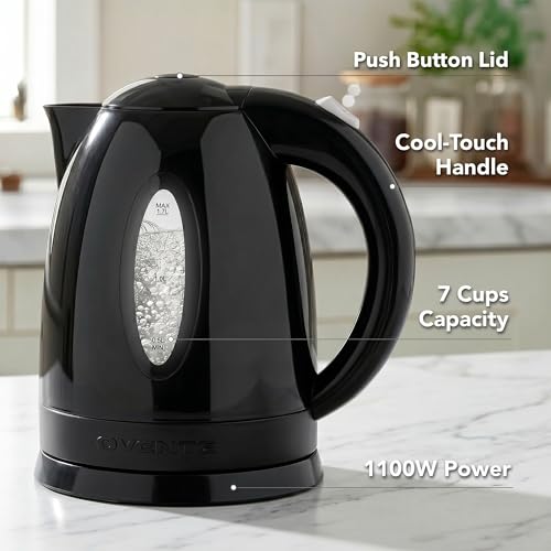 OVENTE Electric Kettle, 1.7L Fast Boiling Water Heater for Coffee or Tea, BPA Free with Water Level Gauge, Auto Shut-Off, Boil-Dry Protection, Indicator Light and Removable Filter, Black KP72B - My Kitchen Products