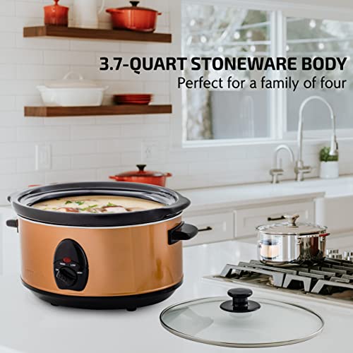 OVENTE Electric Slow Cooker with 3 Cooking Settings, Non-Stick and Dishwasher Safe Stoneware, Stainless Steel Body, Glass Lid, 3.7 Qt Oval Pot for Entrees, Soups, Sauces, Stews & Dips, Copper SLO35ACO - My Kitchen Products