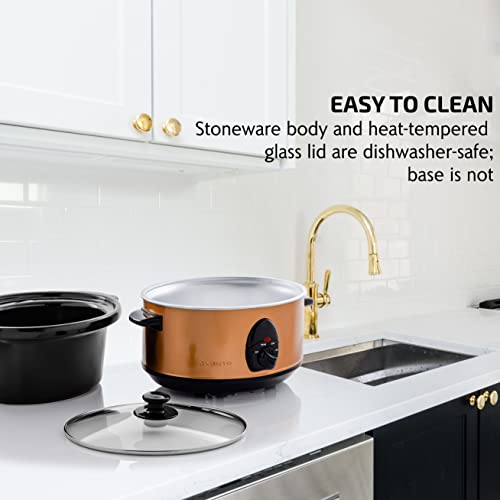 OVENTE Electric Slow Cooker with 3 Cooking Settings, Non-Stick and Dishwasher Safe Stoneware, Stainless Steel Body, Glass Lid, 3.7 Qt Oval Pot for Entrees, Soups, Sauces, Stews & Dips, Copper SLO35ACO - My Kitchen Products