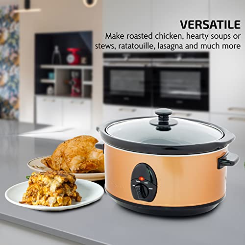 OVENTE Electric Slow Cooker with 3 Cooking Settings, Non-Stick and Dishwasher Safe Stoneware, Stainless Steel Body, Glass Lid, 3.7 Qt Oval Pot for Entrees, Soups, Sauces, Stews & Dips, Copper SLO35ACO - My Kitchen Products