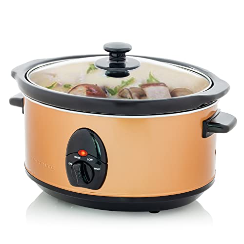 OVENTE Electric Slow Cooker with 3 Cooking Settings, Non-Stick and Dishwasher Safe Stoneware, Stainless Steel Body, Glass Lid, 3.7 Qt Oval Pot for Entrees, Soups, Sauces, Stews & Dips, Copper SLO35ACO - My Kitchen Products