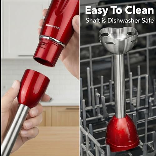 OVENTE Immersion Hand Blender, 300W Electric Handheld Stick Mixer with 2 Mixing Speeds and Stainless Steel Blades for Smoothies, Purees & Baby Food, Red HS560R - My Kitchen Products