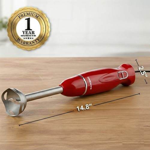 OVENTE Immersion Hand Blender, 300W Electric Handheld Stick Mixer with 2 Mixing Speeds and Stainless Steel Blades for Smoothies, Purees & Baby Food, Red HS560R - My Kitchen Products