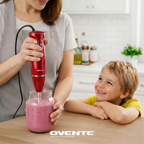 OVENTE Immersion Hand Blender, 300W Electric Handheld Stick Mixer with 2 Mixing Speeds and Stainless Steel Blades for Smoothies, Purees & Baby Food, Red HS560R - My Kitchen Products