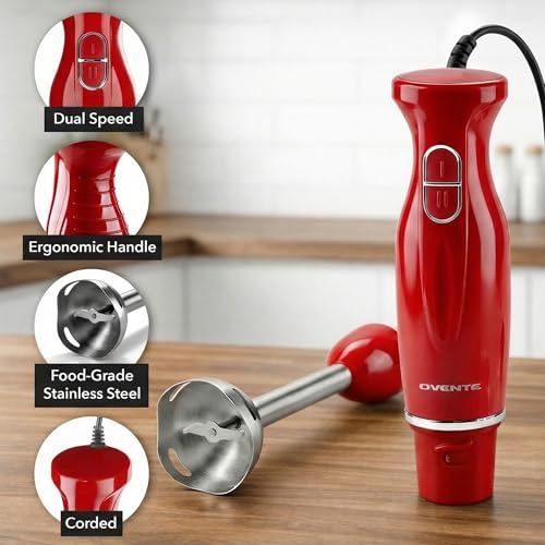 OVENTE Immersion Hand Blender, 300W Electric Handheld Stick Mixer with 2 Mixing Speeds and Stainless Steel Blades for Smoothies, Purees & Baby Food, Red HS560R - My Kitchen Products