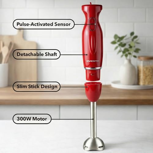 OVENTE Immersion Hand Blender, 300W Electric Handheld Stick Mixer with 2 Mixing Speeds and Stainless Steel Blades for Smoothies, Purees & Baby Food, Red HS560R - My Kitchen Products