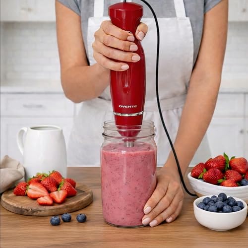 OVENTE Immersion Hand Blender, 300W Electric Handheld Stick Mixer with 2 Mixing Speeds and Stainless Steel Blades for Smoothies, Purees & Baby Food, Red HS560R - My Kitchen Products
