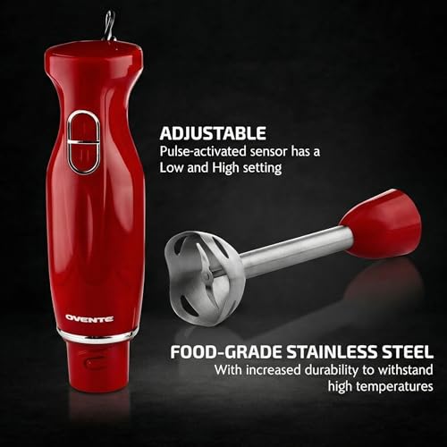 OVENTE Immersion Hand Blender, 300W Electric Handheld Stick Mixer with 2 Mixing Speeds and Stainless Steel Blades for Smoothies, Purees & Baby Food, Red HS560R - My Kitchen Products