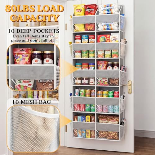 Over The Door Organizer, 5-Tier Extra Large Behind Door Storage with 10 Big Front & 10 Mesh Pockets, 80lb Capacity, Hanging Storage Organizer with Clear Window Kids Toys, Shoes, Diapers, Light Grey - My Kitchen Products