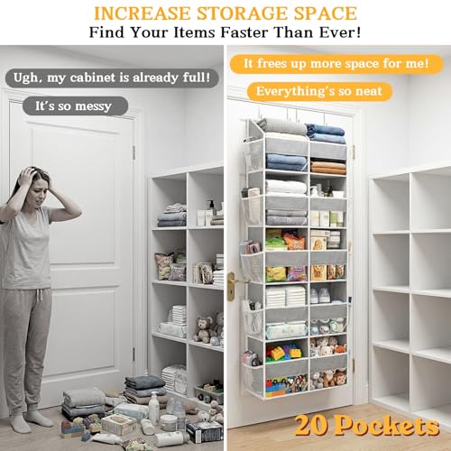 Over The Door Organizer, 5-Tier Extra Large Behind Door Storage with 10 Big Front & 10 Mesh Pockets, 80lb Capacity, Hanging Storage Organizer with Clear Window Kids Toys, Shoes, Diapers, Light Grey - My Kitchen Products