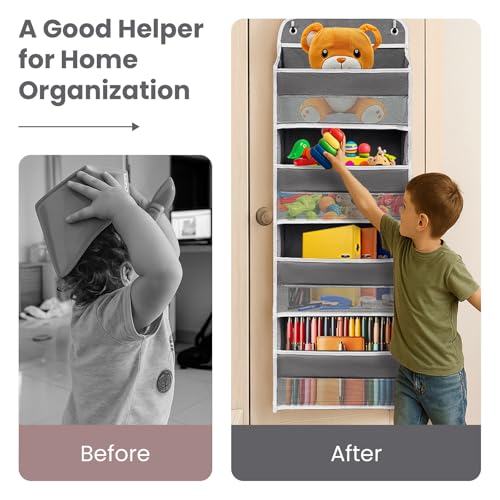 Over The Door Organizer with LifetimeWarranty, 4 Shelves & 4 Side Pockets, Large Storage Rack Holds 44lb, Heavy-Duty Reinforced Mesh Shelf for Bathroom, Closet, Toy Organization, Shoes, Towels, Grey - My Kitchen Products