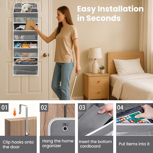 Over The Door Organizer with LifetimeWarranty, 4 Shelves & 4 Side Pockets, Large Storage Rack Holds 44lb, Heavy-Duty Reinforced Mesh Shelf for Bathroom, Closet, Toy Organization, Shoes, Towels, Grey - My Kitchen Products