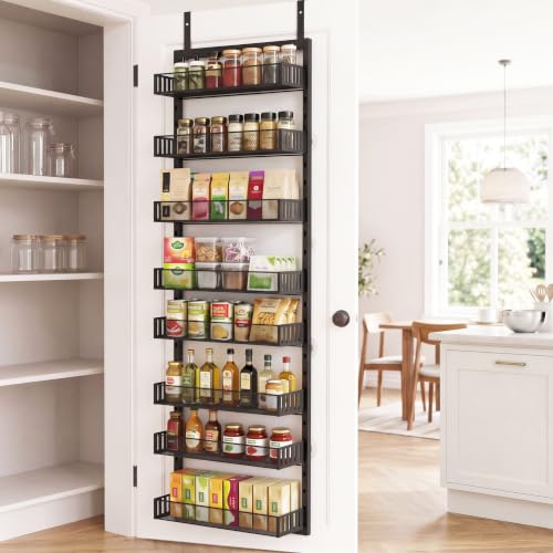 Over the Door Pantry Organizer, 8-Tier Heavy-Duty Door Spice Rack with Mesh Baskets, Height Adjustable & Anti-Swing