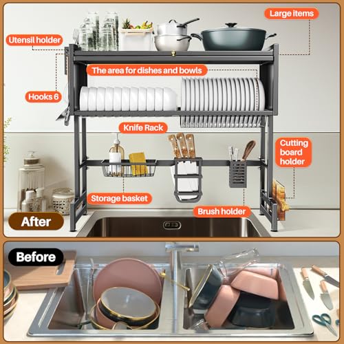 Over The Sink Dish Drainer Drying Rack 3 Tiers with Cover, Keep Kitchen Sink Shlef Organized Space-Saving Dish Drying Rack, Large Stainless Steel Sink Drying Rack for Dishes, Bowls, Cutlery (33.4"W) - My Kitchen Products