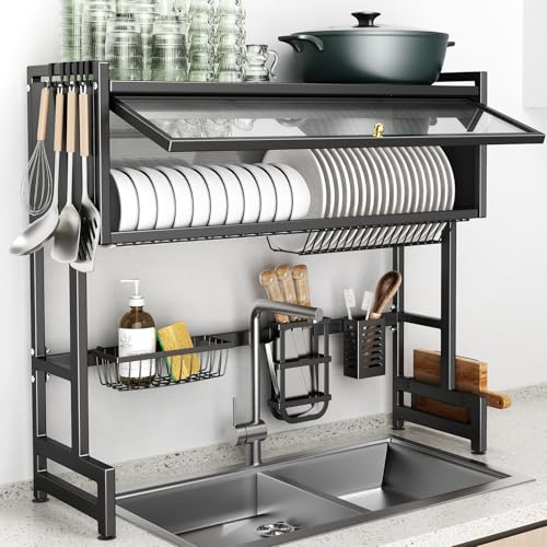Over The Sink Dish Drainer Drying Rack 3 Tiers with Cover, Keep Kitchen Sink Shlef Organized Space-Saving Dish Drying Rack, Large Stainless Steel Sink Drying Rack for Dishes, Bowls, Cutlery (33.4"W) - My Kitchen Products