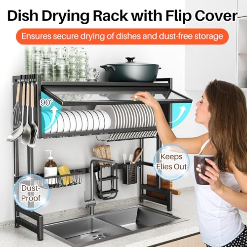 Over The Sink Dish Drainer Drying Rack 3 Tiers with Cover, Keep Kitchen Sink Shlef Organized Space-Saving Dish Drying Rack, Large Stainless Steel Sink Drying Rack for Dishes, Bowls, Cutlery (33.4"W) - My Kitchen Products