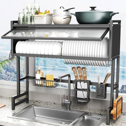 Over The Sink Dish Drainer Drying Rack 3 Tiers with Cover, Keep Kitchen Sink Shlef Organized Space-Saving Dish Drying Rack, Large Stainless Steel Sink Drying Rack for Dishes, Bowls, Cutlery (33.4"W) - My Kitchen Products