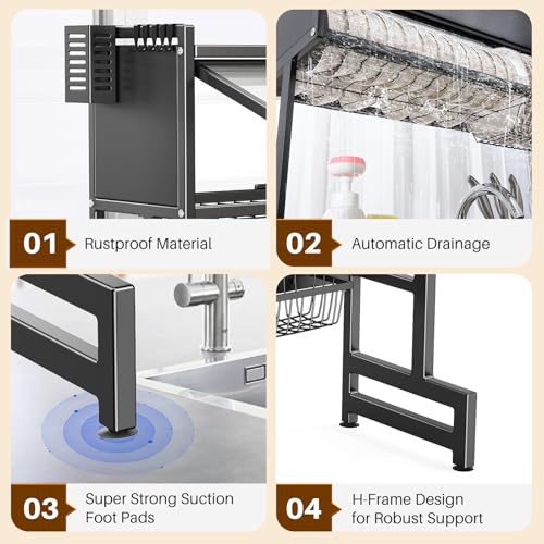 Over The Sink Dish Drainer Drying Rack 3 Tiers with Cover, Keep Kitchen Sink Shlef Organized Space-Saving Dish Drying Rack, Large Stainless Steel Sink Drying Rack for Dishes, Bowls, Cutlery (33.4"W) - My Kitchen Products
