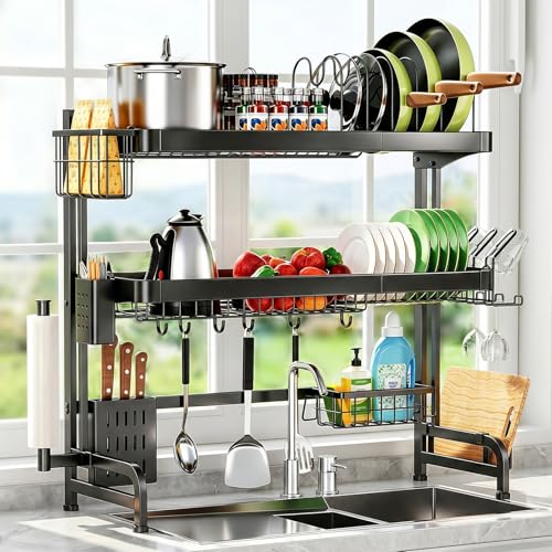 Over The Sink Dish Drying Rack, Adjustable 3 Tier Large Capacity Stainless Steel Drainer with Cutlery/Utensil/Cup Holder Hooks, Kitchen Storage & Organization, 25"-38" L x 11" W x 37.5" H, Black - My Kitchen Products
