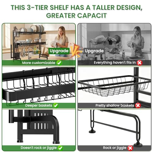 Over The Sink Dish Drying Rack, Adjustable 3 Tier Large Capacity Stainless Steel Drainer with Cutlery/Utensil/Cup Holder Hooks, Kitchen Storage & Organization, 25"-38" L x 11" W x 37.5" H, Black - My Kitchen Products
