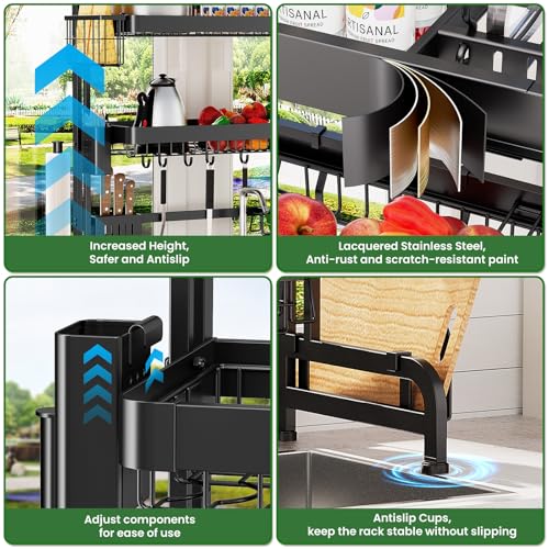 Over The Sink Dish Drying Rack, Adjustable 3 Tier Large Capacity Stainless Steel Drainer with Cutlery/Utensil/Cup Holder Hooks, Kitchen Storage & Organization, 25"-38" L x 11" W x 37.5" H, Black - My Kitchen Products