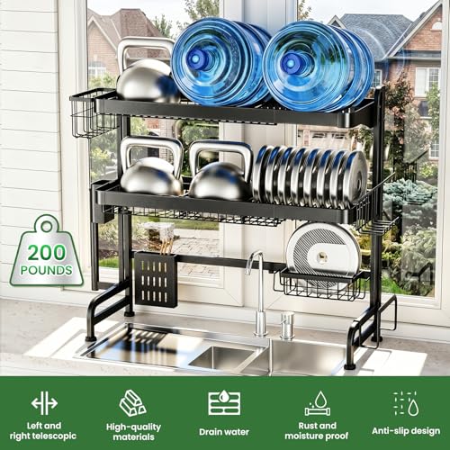Over The Sink Dish Drying Rack, Adjustable 3 Tier Large Capacity Stainless Steel Drainer with Cutlery/Utensil/Cup Holder Hooks, Kitchen Storage & Organization, 25"-38" L x 11" W x 37.5" H, Black - My Kitchen Products