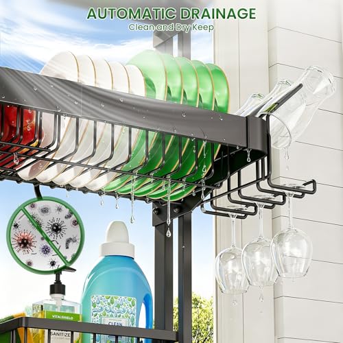 Over The Sink Dish Drying Rack, Adjustable 3 Tier Large Capacity Stainless Steel Drainer with Cutlery/Utensil/Cup Holder Hooks, Kitchen Storage & Organization, 25"-38" L x 11" W x 37.5" H, Black - My Kitchen Products