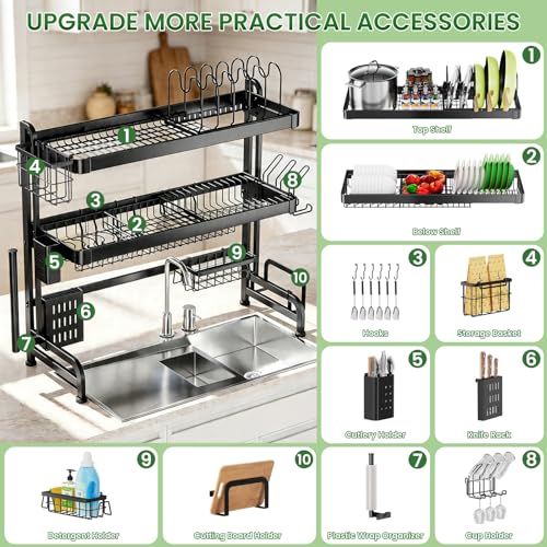 Over The Sink Dish Drying Rack, Adjustable 3 Tier Large Capacity Stainless Steel Drainer with Cutlery/Utensil/Cup Holder Hooks, Kitchen Storage & Organization, 25"-38" L x 11" W x 37.5" H, Black - My Kitchen Products