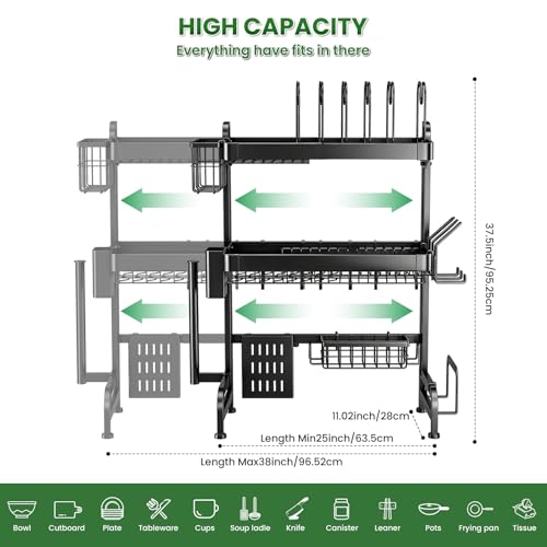 Over The Sink Dish Drying Rack, Adjustable 3 Tier Large Capacity Stainless Steel Drainer with Cutlery/Utensil/Cup Holder Hooks, Kitchen Storage & Organization, 25"-38" L x 11" W x 37.5" H, Black - My Kitchen Products