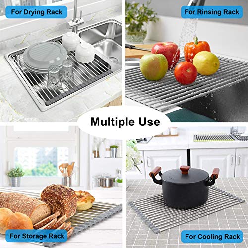 Over the Sink Dish Drying Rack, Searik Roll up Sink Dish Drainer Rack Foldable Kitchen Stainless Steel Dish Rack Sink Drying Rack (17.7” x 11.8”) - My Kitchen Products