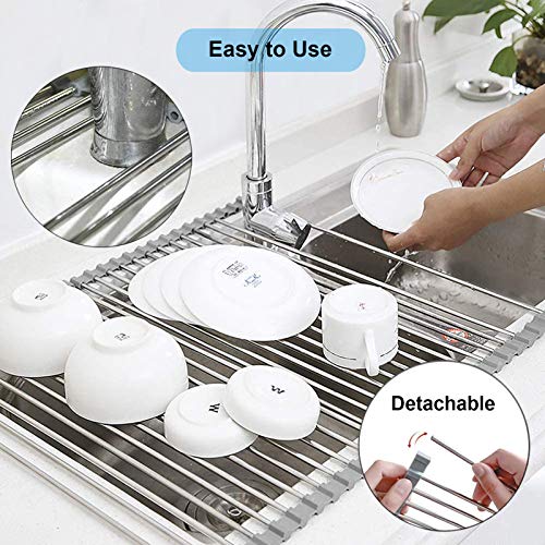 Over the Sink Dish Drying Rack, Searik Roll up Sink Dish Drainer Rack Foldable Kitchen Stainless Steel Dish Rack Sink Drying Rack (17.7” x 11.8”) - My Kitchen Products