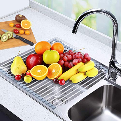 Over the Sink Dish Drying Rack, Searik Roll up Sink Dish Drainer Rack Foldable Kitchen Stainless Steel Dish Rack Sink Drying Rack (17.7” x 11.8”) - My Kitchen Products