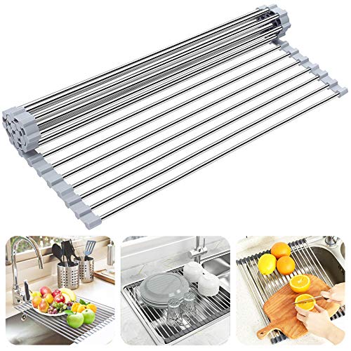 Over the Sink Dish Drying Rack, Searik Roll up Sink Dish Drainer Rack Foldable Kitchen Stainless Steel Dish Rack Sink Drying Rack (17.7” x 11.8”) - My Kitchen Products