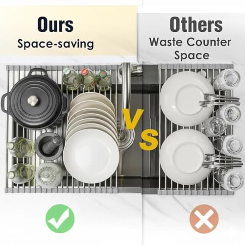 Over-The-Sink Roll Up Dish Drying Rack, 18.5" x 13.5" Foldable Stainless Steel Dish Drainer Mat, Sink Cover & Heat-Resistant Kitchen Organizer (Grey) - My Kitchen Products