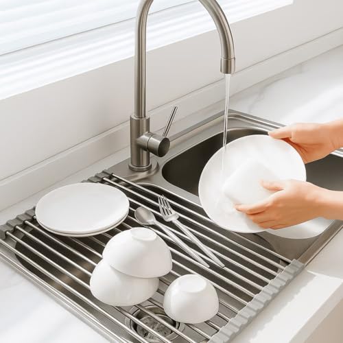 Over-The-Sink Roll Up Dish Drying Rack, 18.5" x 13.5" Foldable Stainless Steel Dish Drainer Mat, Sink Cover & Heat-Resistant Kitchen Organizer (Grey) - My Kitchen Products