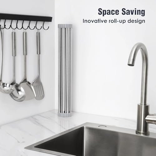 Over-The-Sink Roll Up Dish Drying Rack, 18.5" x 13.5" Foldable Stainless Steel Dish Drainer Mat, Sink Cover & Heat-Resistant Kitchen Organizer (Grey) - My Kitchen Products