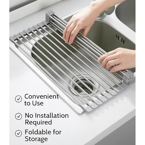 Over-The-Sink Roll Up Dish Drying Rack, 18.5" x 13.5" Foldable Stainless Steel Dish Drainer Mat, Sink Cover & Heat-Resistant Kitchen Organizer (Grey) - My Kitchen Products