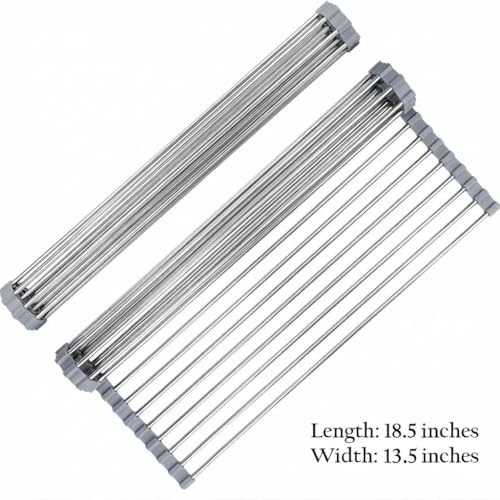 Over-The-Sink Roll Up Dish Drying Rack, 18.5" x 13.5" Foldable Stainless Steel Dish Drainer Mat, Sink Cover & Heat-Resistant Kitchen Organizer (Grey) - My Kitchen Products