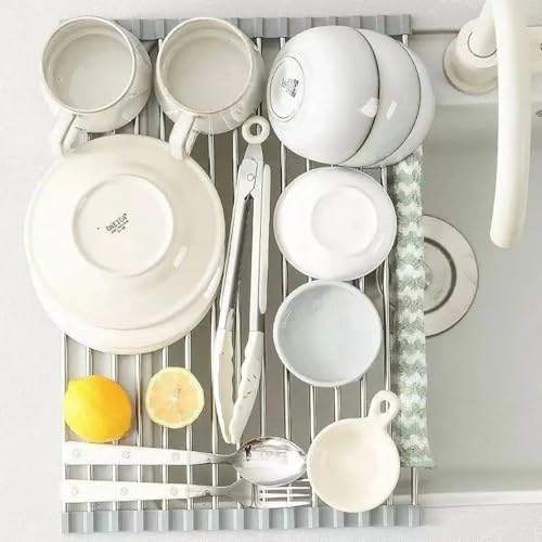 Over-The-Sink Roll Up Dish Drying Rack, 18.5" x 13.5" Foldable Stainless Steel Dish Drainer Mat, Sink Cover & Heat-Resistant Kitchen Organizer (Grey) - My Kitchen Products